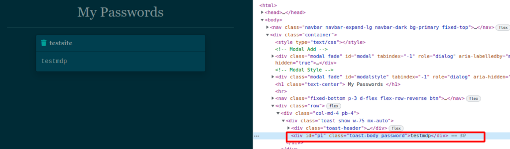 DevTools : le mot de passe stocké se trouve dans un div d'id p1 de classe toast-body password