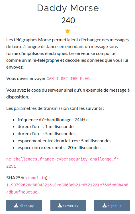 Énoncé FCSC 2022 Daddy Morse : envoyer un message en morse au serveur avec les paramètres de transmission imposés