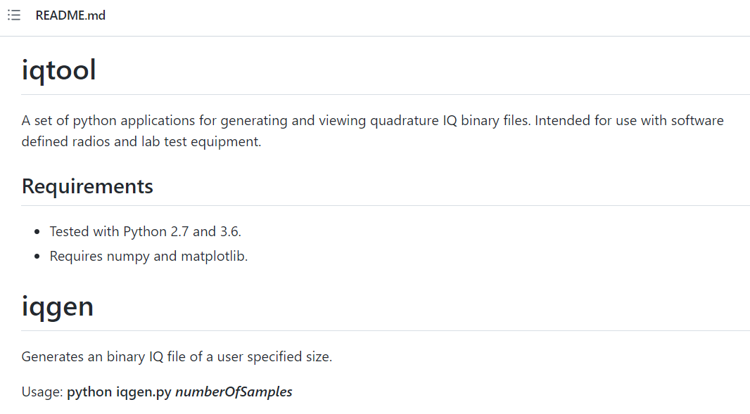 GitHub : README du projet iqtool, outils Python pour générer et visualiser des fichiers IQ