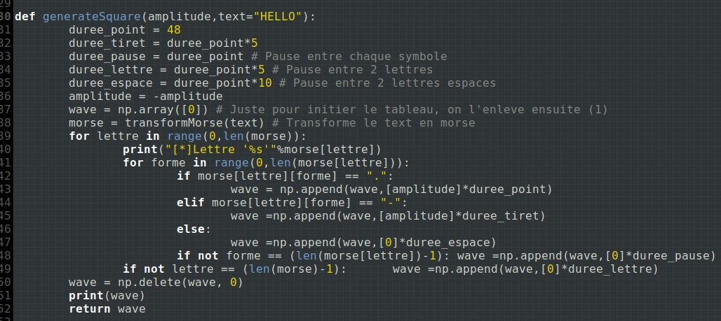 Code Python : fonction generateSquare qui construit le signal carré morse avec NumPy