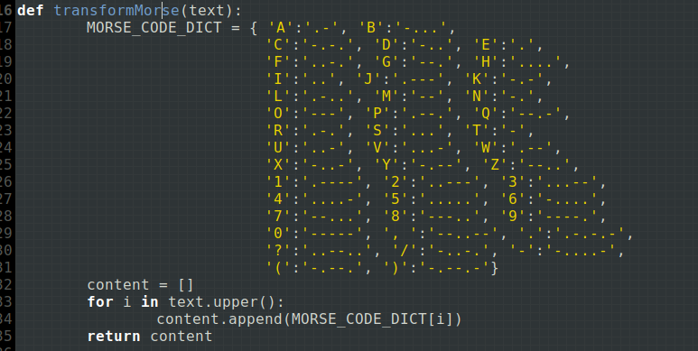 Code Python : fonction transformMorse qui convertit le texte en points et tirets via un dictionnaire morse