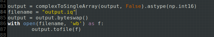 Code Python : conversion du signal en entiers 16 bits et écriture du fichier output.iq