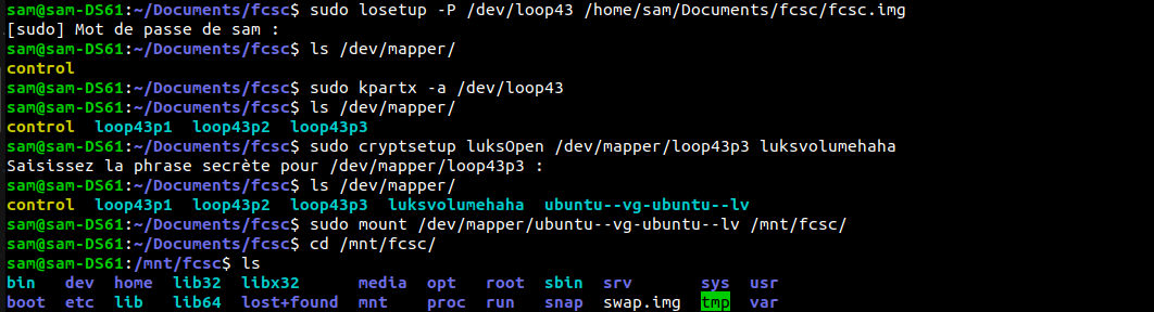 Terminal : montage de l'image avec losetup, kpartx et cryptsetup luksOpen, puis listing de la racine