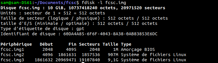 Terminal : fdisk -l liste les trois partitions de fcsc.img, dont deux systèmes de fichiers Linux