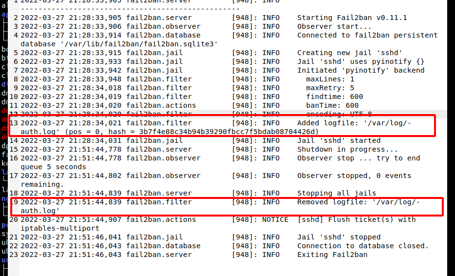 Log fail2ban : ajout puis retrait du fichier auth.log, signe de sa suppression