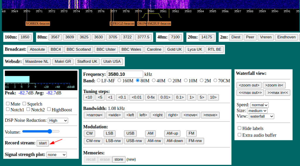 WebSDR : waterfall autour de 3580 kHz et bouton d'enregistrement du signal de la balise