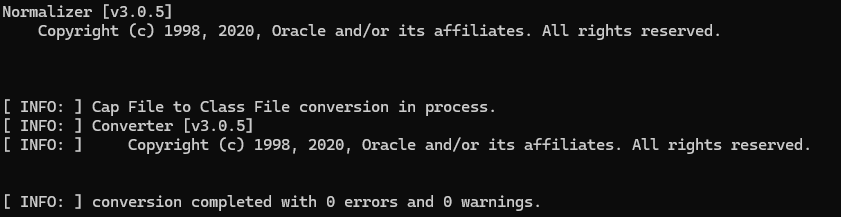 Terminal : normalizer.bat convertit le CAP reconstruit en .class sans erreur ni avertissement