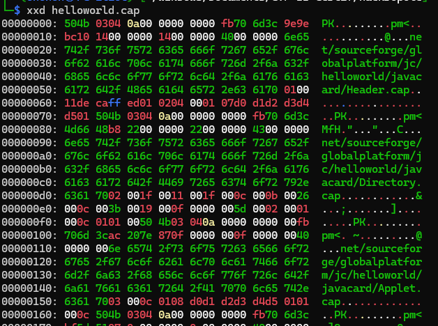Terminal : dump hexadécimal de helloworld.cap valide montrant l'entête ZIP PK et les noms de blocs