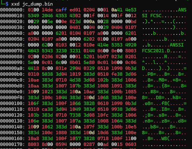Terminal : dump hexadécimal de jc_dump.bin, une suite de blocs bruts sans structure d'archive ZIP