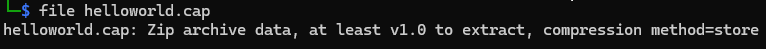 Terminal : la commande file identifie helloworld.cap comme une archive ZIP en mode store sans compression
