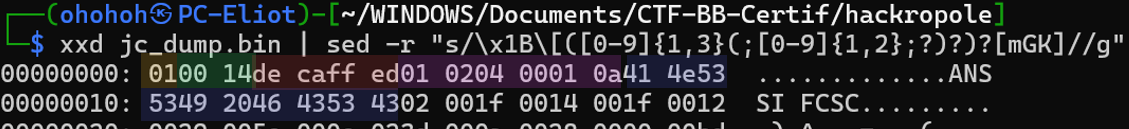 Terminal : bloc d'entête du CAP avec le magic DECAFFED, les versions et le nom de package ANSSI FCSC