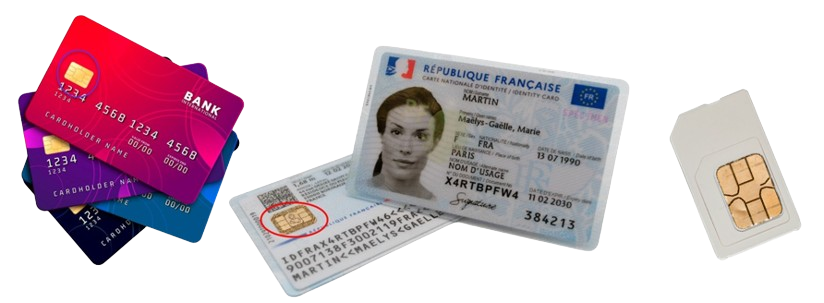 Exemples de cartes à puce du quotidien : cartes bancaires, carte d'identité française et carte SIM