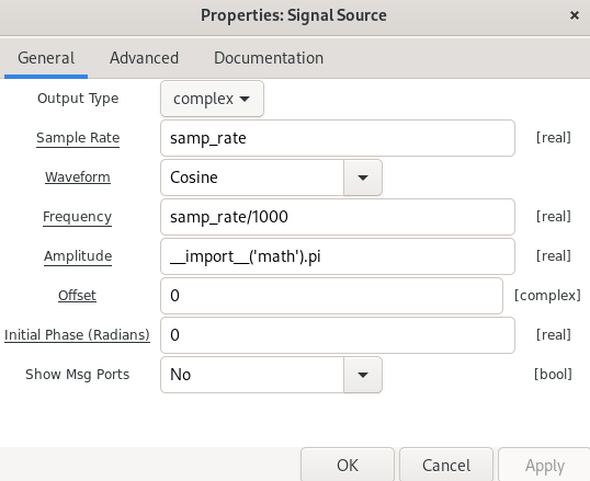 GNU Radio : propriétés du bloc Signal Source, cosinus complexe de fréquence samp_rate/1000 et amplitude pi