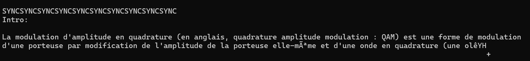 Terminal : une permutation des paires de bits révèle un texte lisible sur la modulation QAM, tronqué à la fin