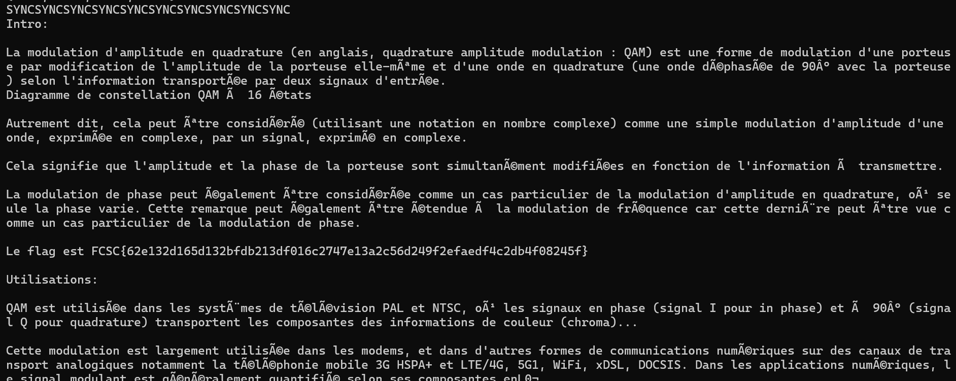 Terminal : le message décodé s'affiche entièrement, texte sur la modulation QAM contenant le flag du challenge