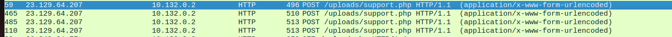 Wireshark : requêtes POST de l'attaquant vers le webshell support.php