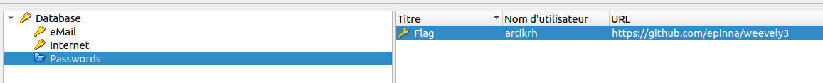 KeePass : la base déchiffrée révèle l'entrée Flag de l'utilisateur artikrh