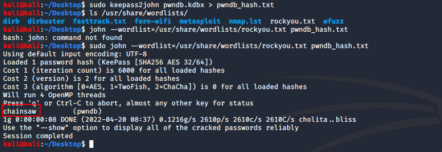 Kali Linux : John the Ripper casse la master key du fichier KeePass pwndb.kdbx