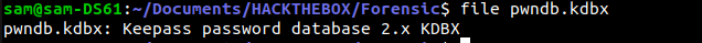 Terminal : la commande file identifie pwndb.kdbx comme une base KeePass 2.x