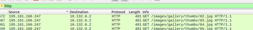 Wireshark : le filtre http isole les requêtes GET parmi les trames du pcap