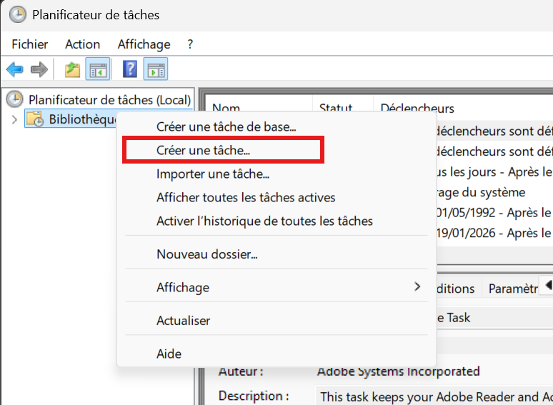 Planificateur de tâches Windows : menu contextuel où l'on sélectionne Créer une tâche