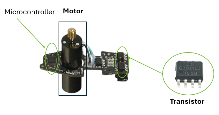 Motorboard annotée : microcontrôleur ATMega8a, moteur brushless et transistors MOSFET C3021LD