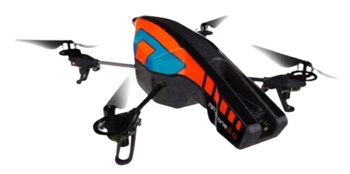 Drone Parrot AR.Drone 2.0 orange et bleu, quadricoptère avec ses quatre hélices, avant démontage