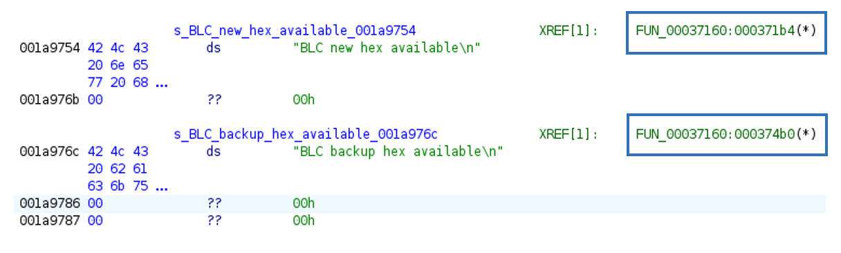 Ghidra : références croisées des chaines BLC hex available vers les fonctions du protocole