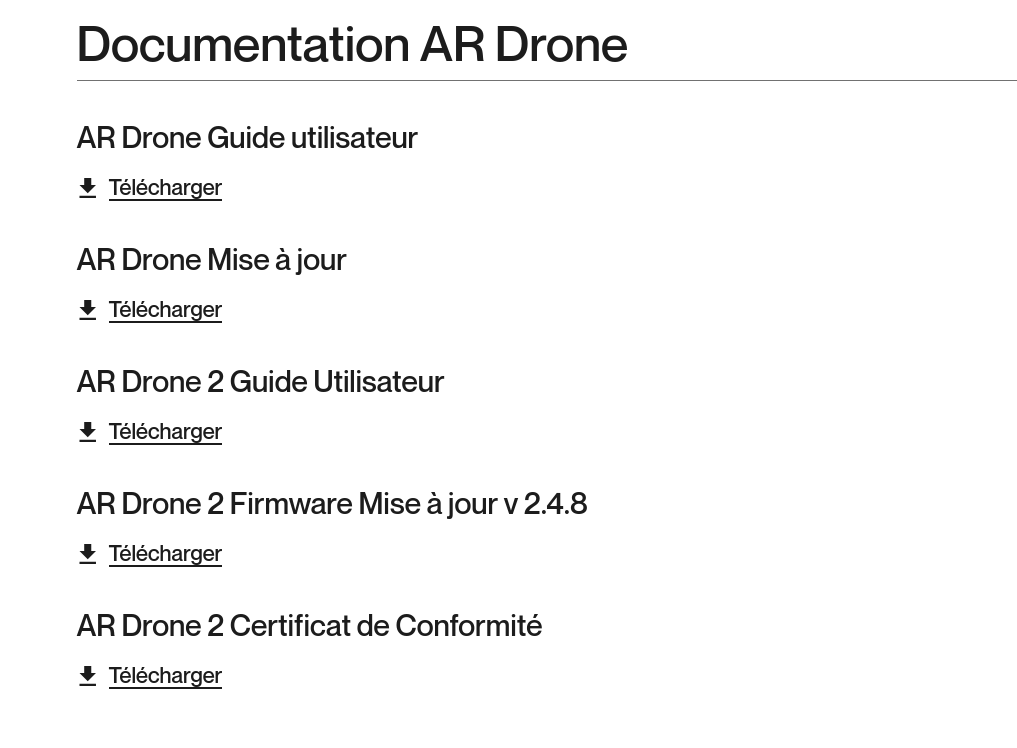 Site officiel Parrot : page de documentation listant le firmware de mise à jour AR Drone 2 v2.4.8 à télécharger