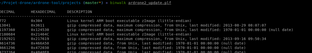 binwalk : détection de deux zImage ARM et de nombreux blocs gzip dans le fichier de mise à jour PLF