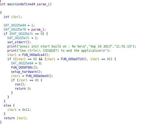 Ghidra : pseudocode de la fonction main qui appelle setup_hardware puis lance run en boucle