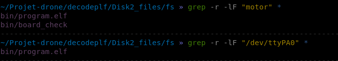 Terminal : grep identifie program.elf comme binaire contenant les chaines motor et /dev/ttyPA0