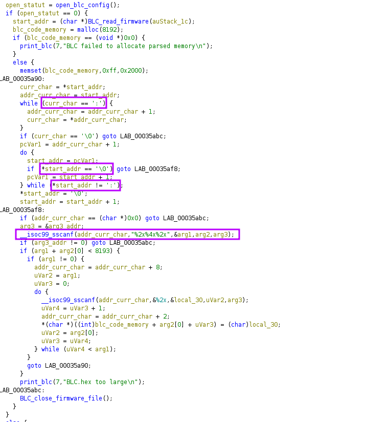 Ghidra : la fonction lit BLC.hex, repère les deux-points et parse chaque ligne au format Intel HEX
