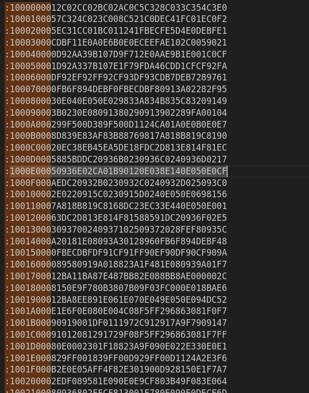 Éditeur : contenu du fichier BLC.hex au format Intel HEX contenant les opcodes AVR du firmware moteur