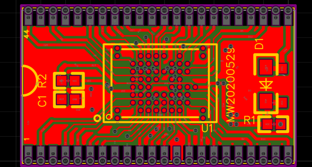Schéma PCB du module MW20200529 : brochage des lignes d'adresses A0-A23, de données D0-D15, CEB, OEB, VIN et GND