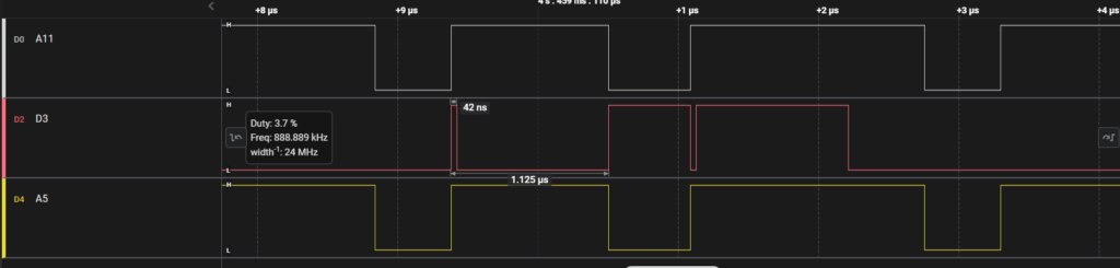 Analyseur logique : mesure d'une impulsion de 42 ns sur la ligne de données D3