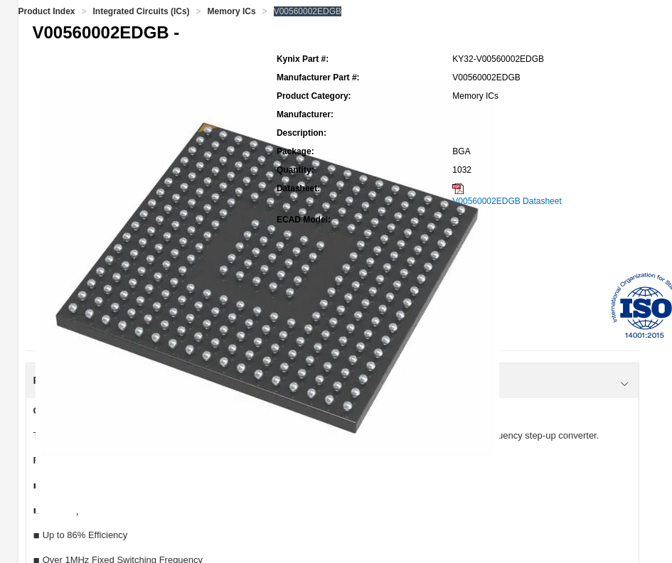 Site de distributeur : fiche produit de la puce mémoire BGA V00560002EDGB, classée dans les Memory ICs
