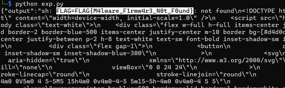 Terminal : l'exploit déclenche l'exécution de commande via YAML et révèle le flag dans la réponse du serveur