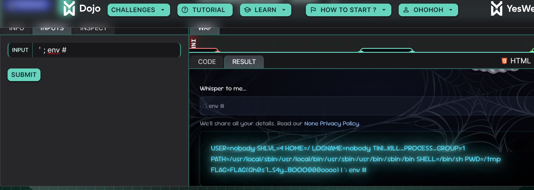 Dojo YesWeHack : la payload injectée affiche les variables d'environnement dont le flag