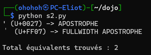 Terminal : le script Python liste les deux caractères Unicode normalisés en apostrophe